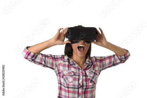 young attractive happy woman excited using 3d goggles watching 360 virtual reality vision enjoying