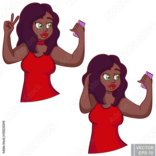 Cute dark skin black chubby plus size plump girl with smart phone taking selfie, beautiful woman posing. clip-art cartoon vector illustration