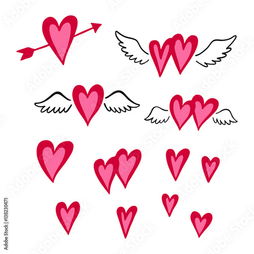 Set of hand drawn hearts. Design elements to Valentines day, wedding postcards, greeting cards, invitation, save the date cards, romantic style.
