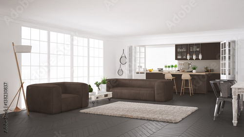 Minimalist white and brown living and kitchen  scandinavian classic interior design