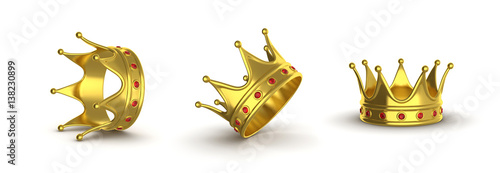 Golden crown in different positions on a white background. A collection of 3D illustrations.