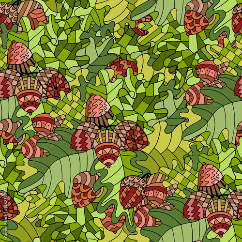 Colorful seamless pattern with oak branch, leaves and acorns in gypsy style.