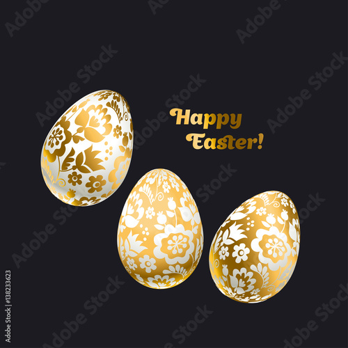 Easter egg gold foil decoration vector illustration. floral elegant style decor on christian resurrection symbol. spring life icon in chick feminine decorative style