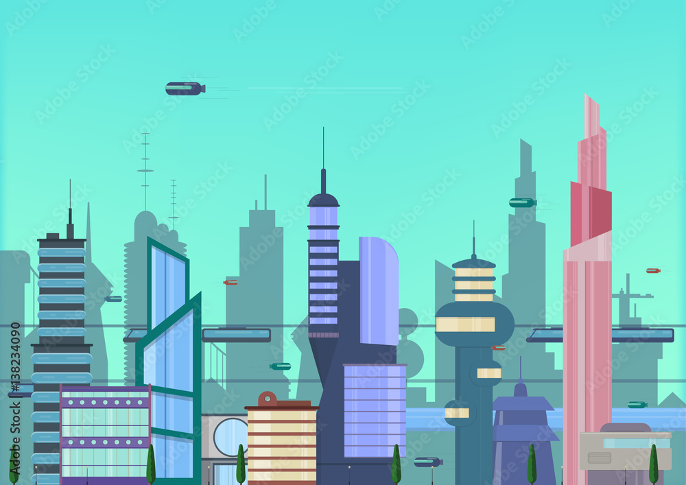 future city flat illustration. urban cityscape template with modern buildings and futuristic traffic. banner for web design.