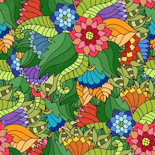 Colorful seamless pattern with wildflowers and leaves in gypsy style.
