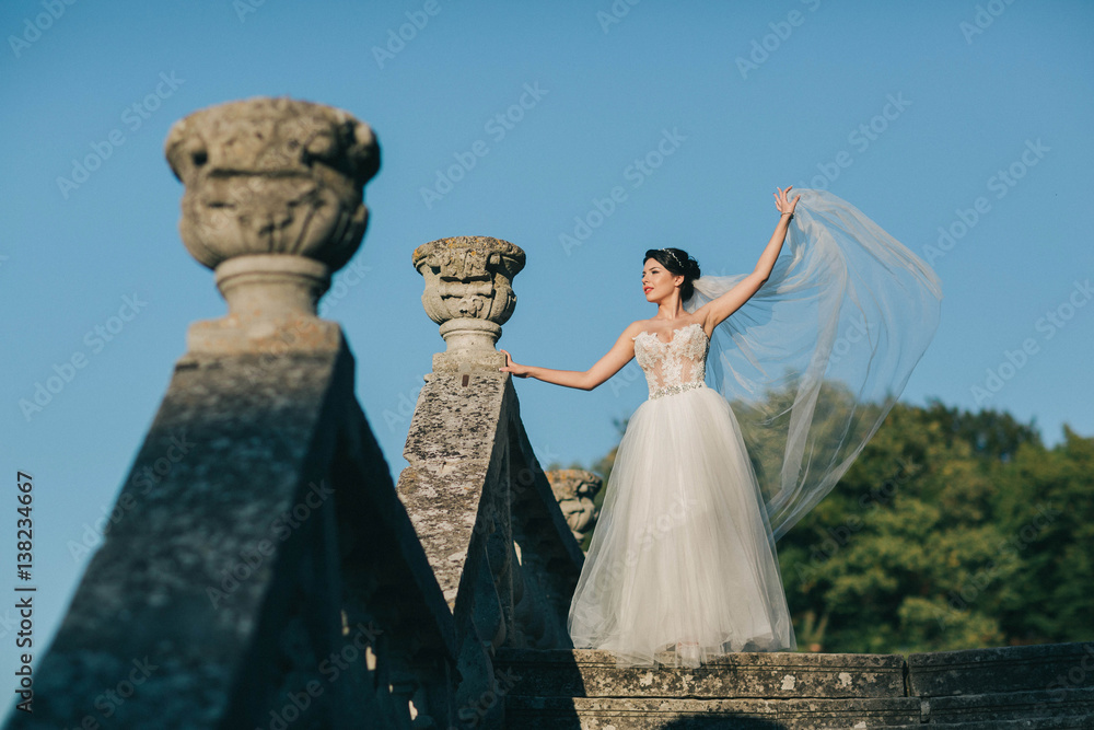 beautiful and young bride in white dress standing on stairs beautiful and young bride in white dress standing on stairs
