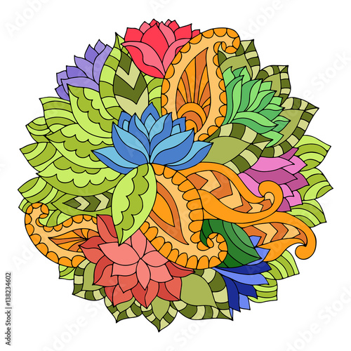 Colorful circle floral ornament with lotuses, paisleys and leaves in gypsy style.