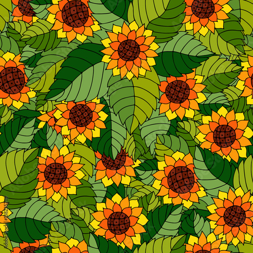 Colorful seamless pattern with sunflowers and leaves in gypsy style.