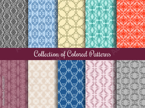 Modern floral pattern set in vintage style. Seamless patterns collection with calligraphic swirls