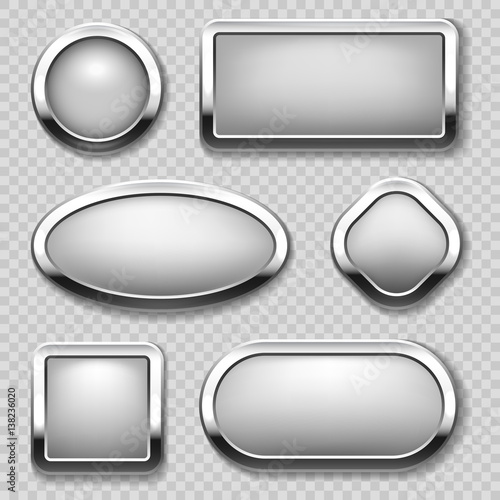 Round chrome button collection on transparent background. Vector metal buttons
