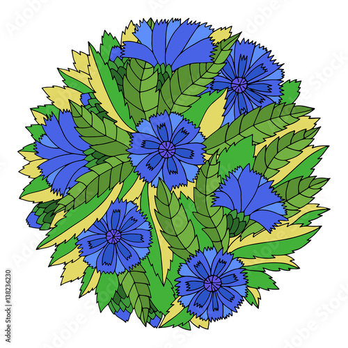 Colorful circle floral ornament with cornflowers and leaves in gypsy style.