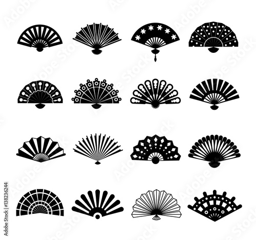 Hand paper fan vector icons. Chinese or japanese beautiful fans isolated on white background