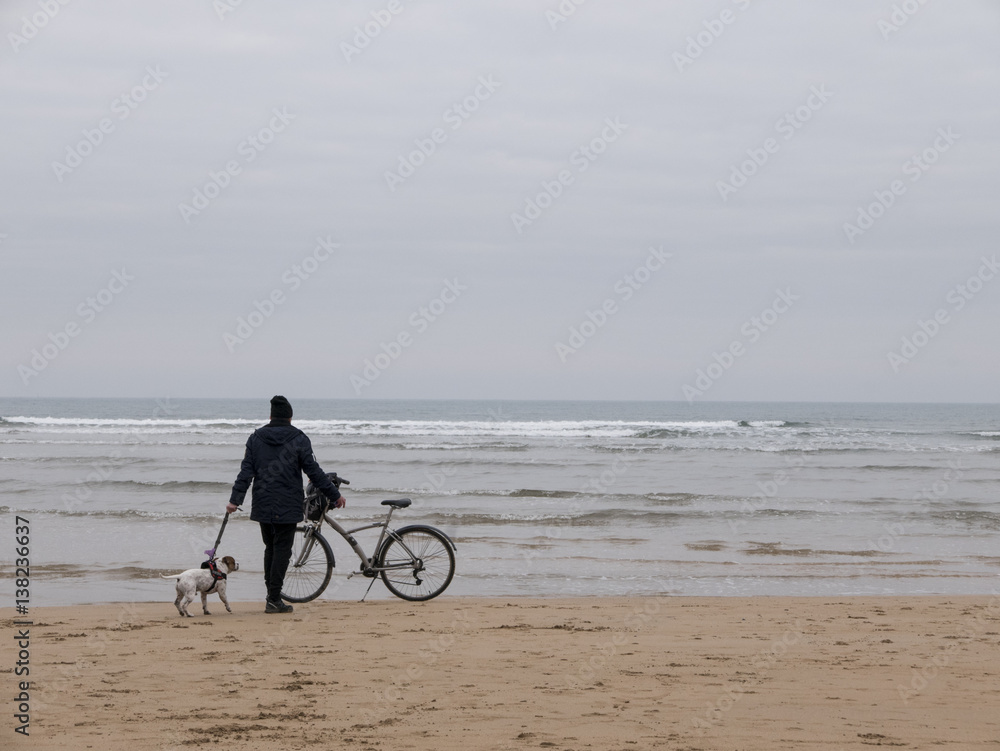 Fototapeta premium A man walking with his bicycle and dog on the beach
