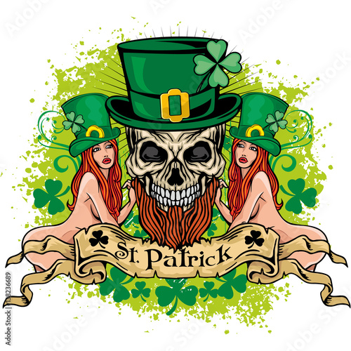 Irish coat of arms with skull and clover, grunge vintage design t shirts