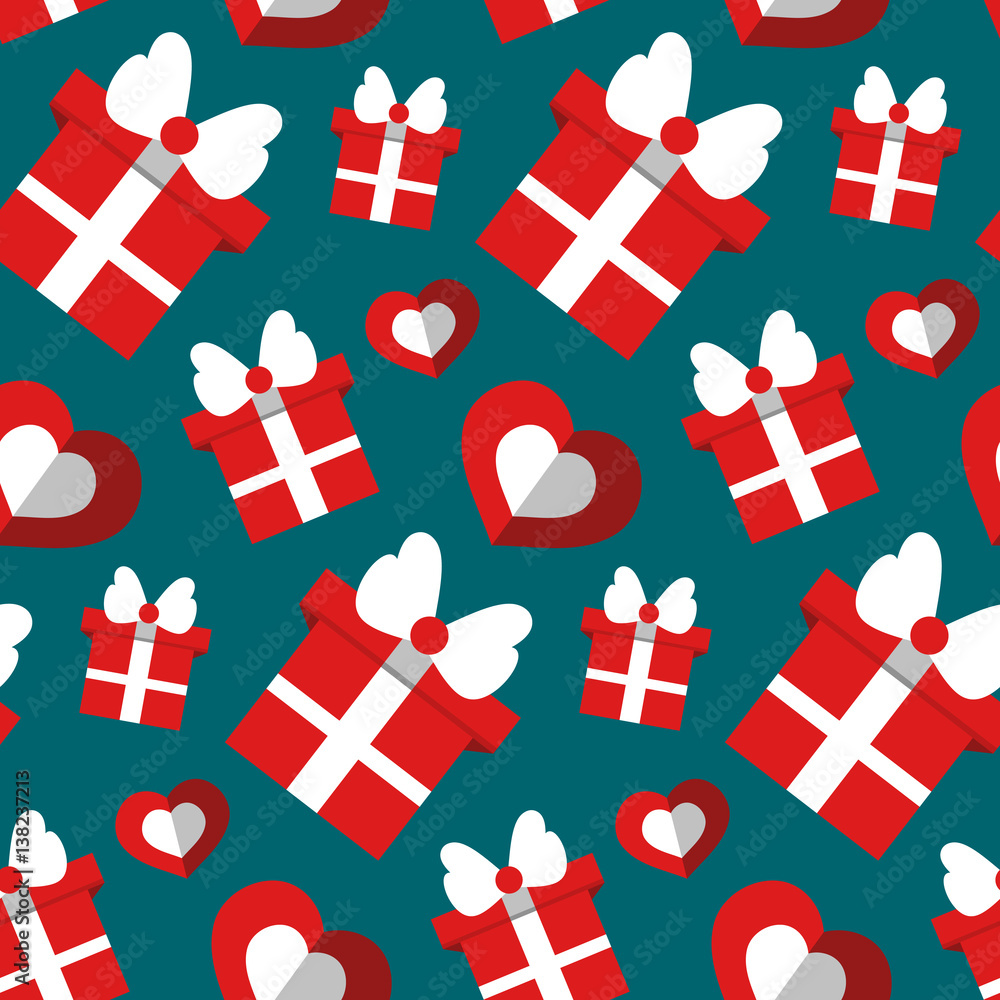 Vector seamless holiday pattern with gift boxes and hearts. Endless gift background in flat style.