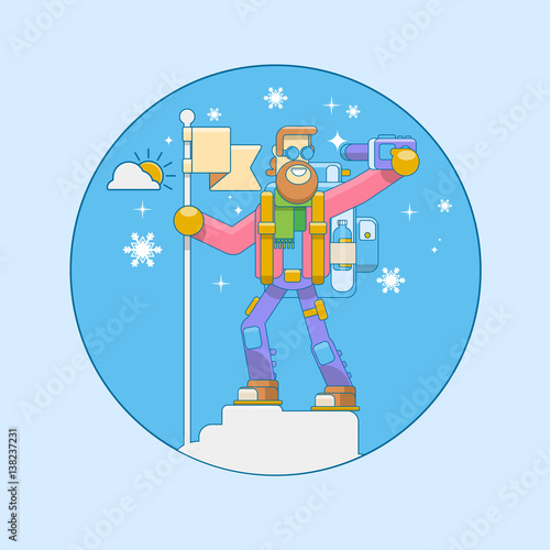 Alpinist climbed the mountain. employee on top of the mountain enjoys victory, concept of win and success