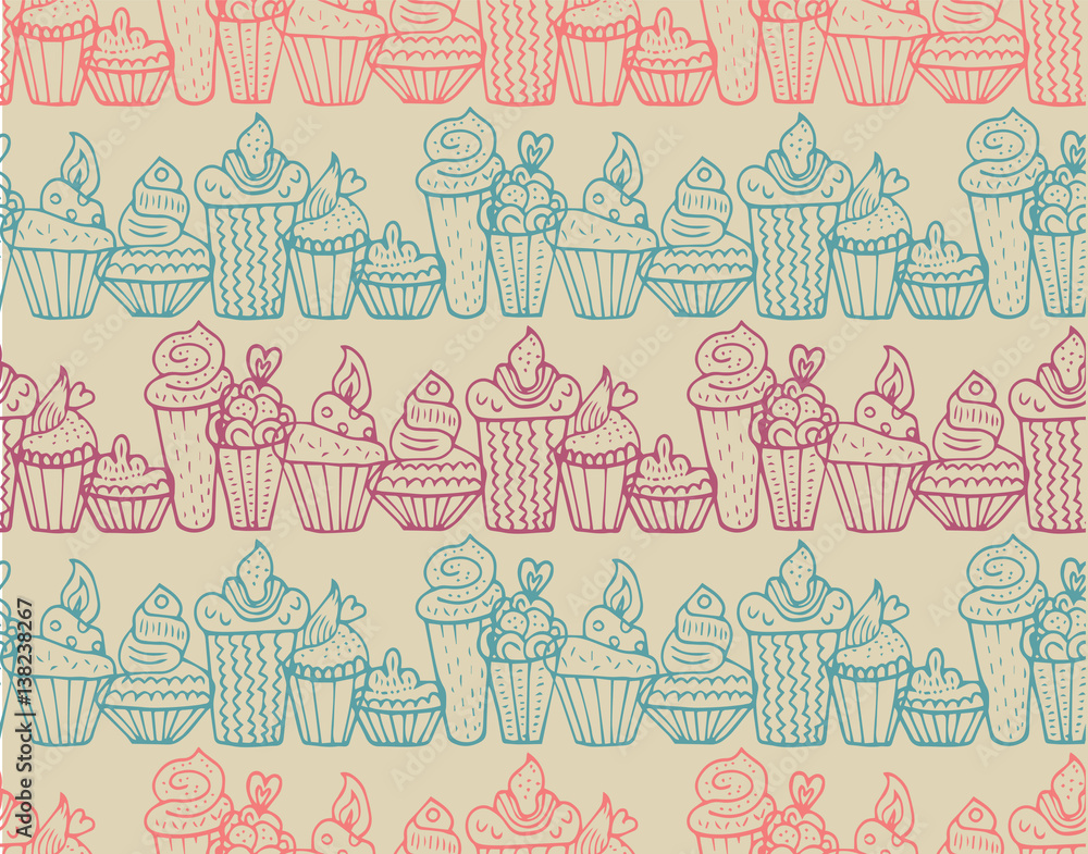 Fototapeta premium Cute cupcakes seamless pattern in vector. Endless decorative design background.