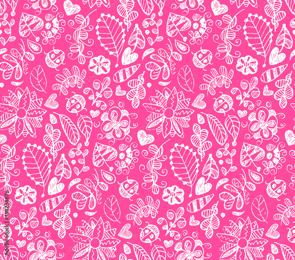 Hand drawn floral seamless summer pattern with flowers, hearts, ladybug.