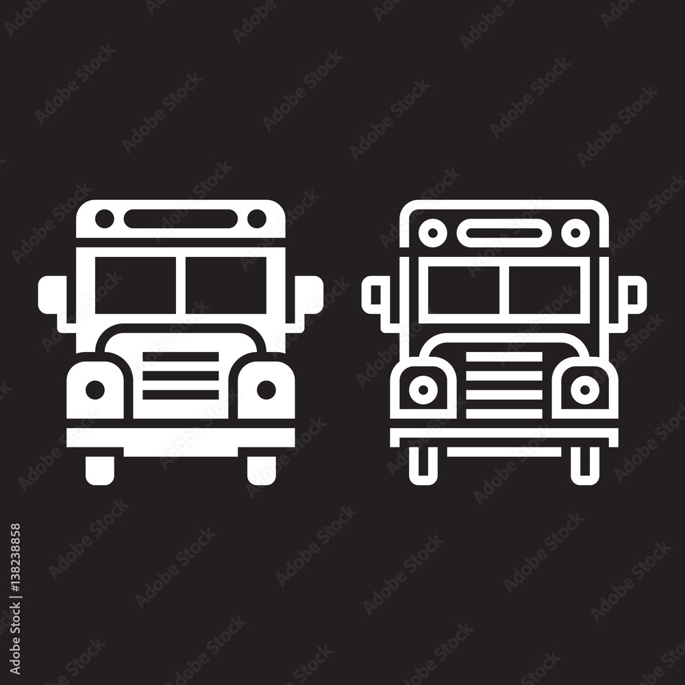 school bus line icon, outline and solid vector sign, linear and full pictogram isolated on black, logo illustration