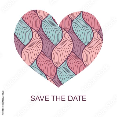 Wedding romantic invitation card with hand drawn heart. Save the Date invitation in vector.
