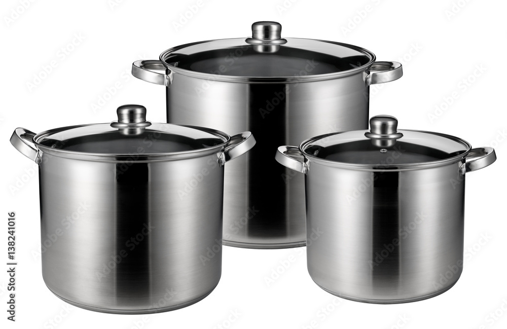 Three stainless steel pots isolated Three stainless steel pots isolated
