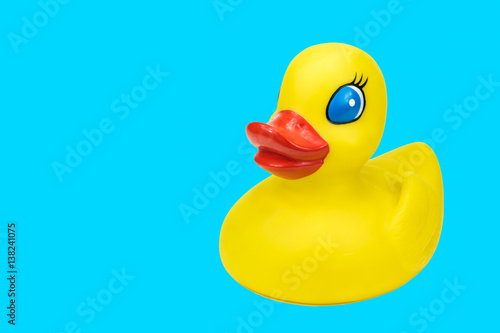 Female  rubber duck toy with blue eyes isolated on cyan background.
Copy space on the left side.