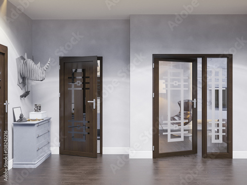 3d illustration hall interior design in classic style. Render the hallway is made in gray and blue color scheme
