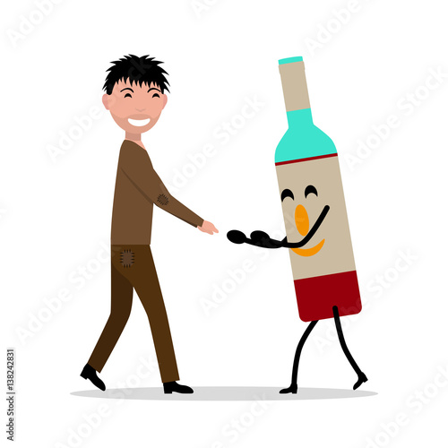 Vector cartoon young adult man with bottle alcohol