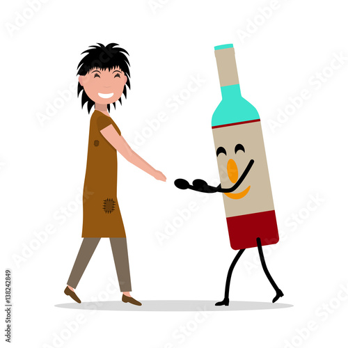 Vector cartoon young adult woman bottle alcohol