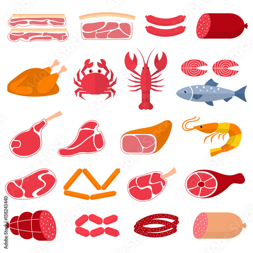 Vector flat illustration with different kinds of meat and fish