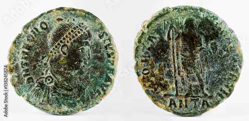 Ancient Roman copper coin of Emperor Theodosius I. THEODOSIVS. AE2. 379-383 AD.  photo