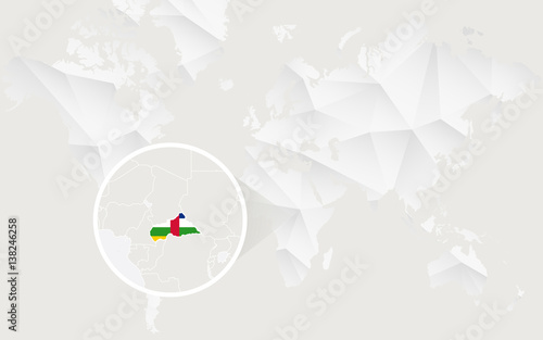 Central African Republic map with flag in contour on white polygonal World Map.