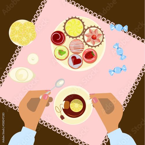 Person is eating, top view. Menu for tea time, breakfast, lunch or dinner. Vector illustration eps 10