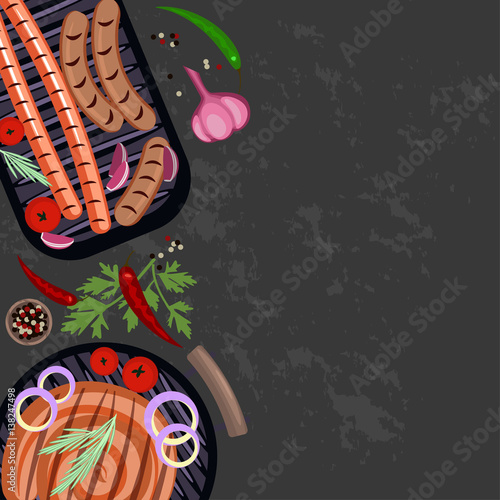 Black background with set of Grilled sausages. Place for you text. Top view Vector illustration eps 10