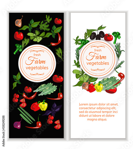 Vertical vegeterian banner with drawn vegetables. Restaurant menu, cafe design.
