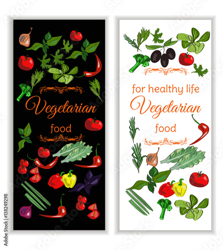 Vertical vegeterian banner with drawn vegetables. Restaurant menu, cafe design.