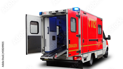 Emergency ambulance car with an open door isolated on a white background. Stretcher patient transport. Back view. 