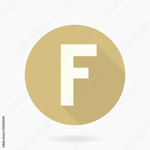 Fine letter F in the circle. Flat design and long shadow. Golden and white colors