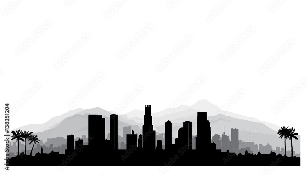 Fototapeta premium Panoramę Los Angeles, USA. Sylwetka miasta z wieżowcami, górami i palmami. Słynny amerykański pejzaż miejski