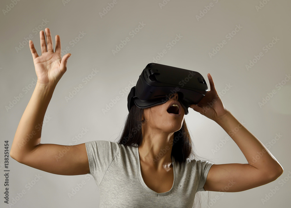 attractive happy woman excited using 3d goggles watching 360 virtual reality vision enjoying attractive happy woman excited using 3d goggles watching 360 virtual reality vision enjoying