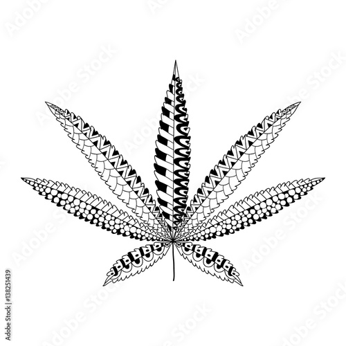 Hemp Cannabis Leaf in zentangle style. Marijuana ornamental silhouette.
