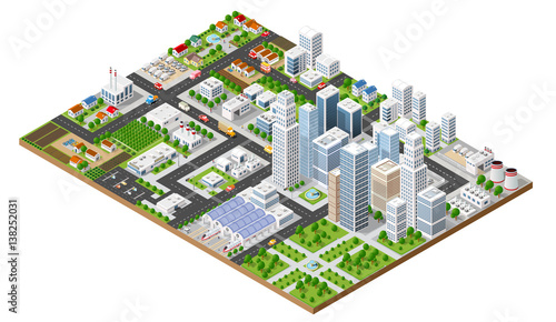 Isometric urban megalopolis top view of the city infrastructure town, street modern, real structure, architecture 3d elements different buildings photo