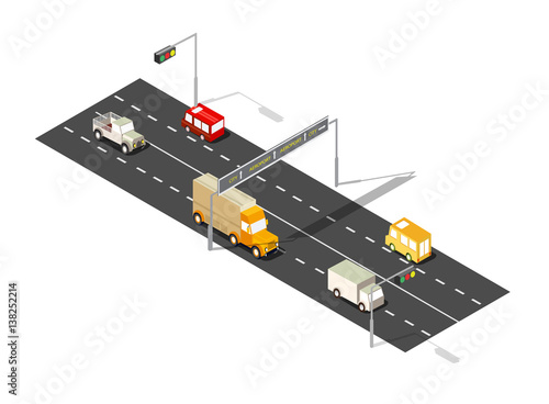 City boulevard isometric avenue. Transport car, urban and asphalt, traffic. Crossing roads flat 3d dimensional illustration of public town transport.