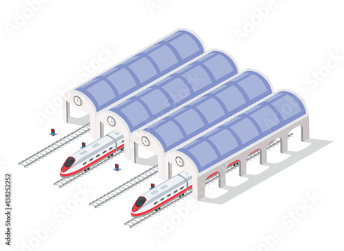 Fast modern high speed train. Vector flat 3d isometric illustration of public transport. Freight transportation to carry large numbers of passengers. Station tech world