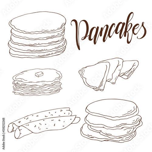 Pancakes vector illustration. Bakery design. Beautiful card with decorative typography element.