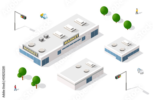 Vector set 3D isometric shopping mall building supermarket icons infographic elements