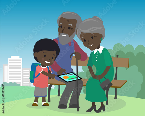 Grandson boy teach grandparents use tablet pc. Seniors elderly learning education modern technology internet african indian brown skin grandfather grandmother son vector cartoon