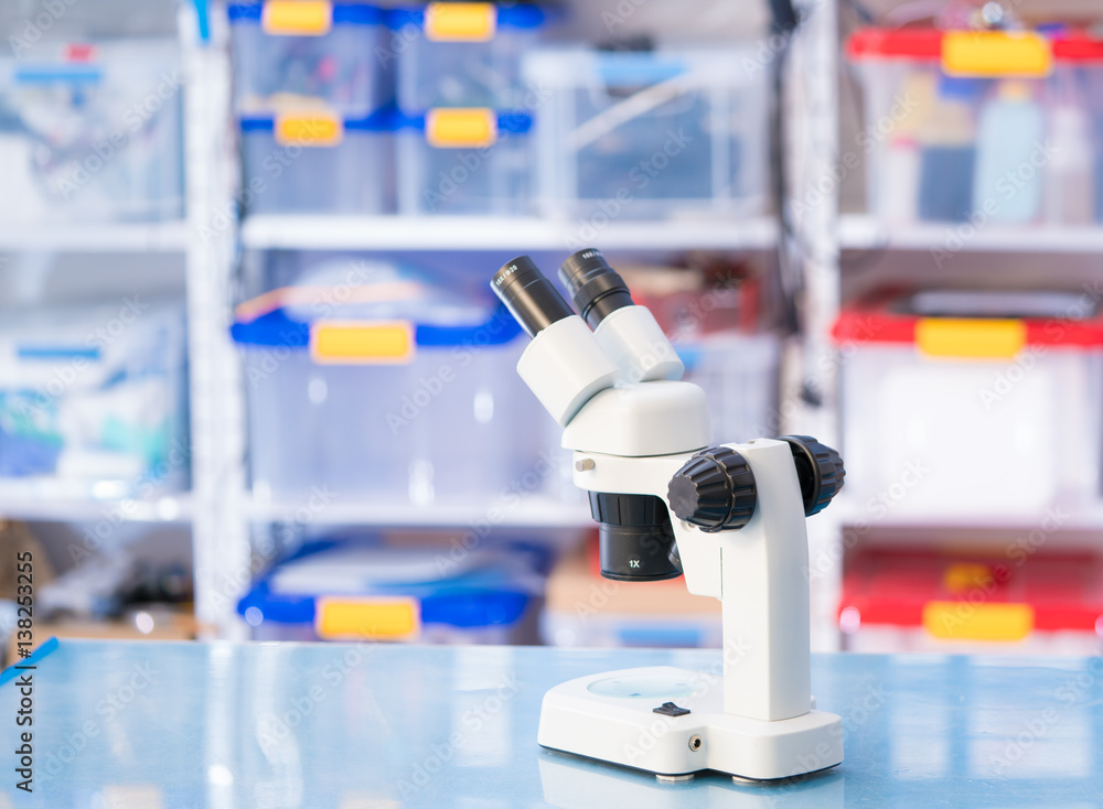 Microscope on table in lab Microscope on table in lab