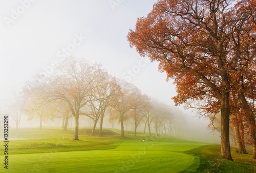 Misty autumn morning. October morning mist. Fog over golf course during beautiful fall sunrise. Silhouettes of autumn trees on a background  bright green lawn and colorful tree on a foreground. 