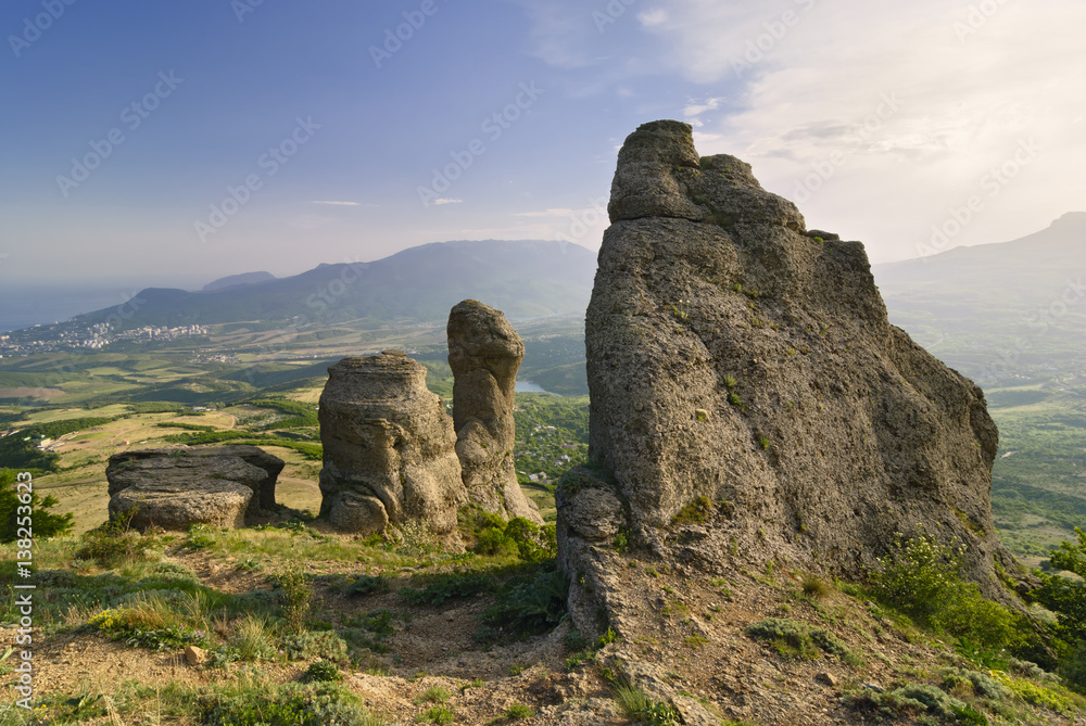 Rocky ledges in the background of the valley.  Ukraine Crimea.
